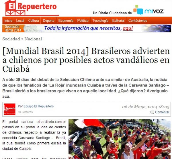 Jornal chileno repercute crticas de internautas do Olhar Direto e faz ''alerta'' a torcedores
